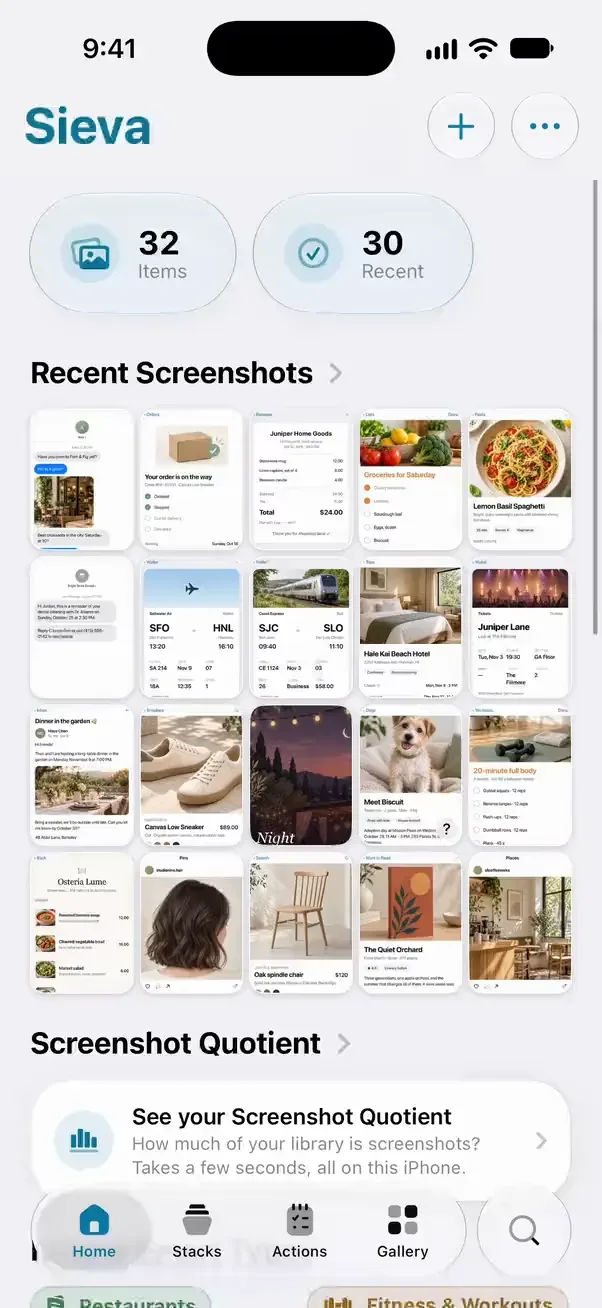Sieva’s Home screen on iPhone: recent screenshots of a recipe, a boarding pass, tickets and more, then the smart types and calendar Sieva sorted them into.