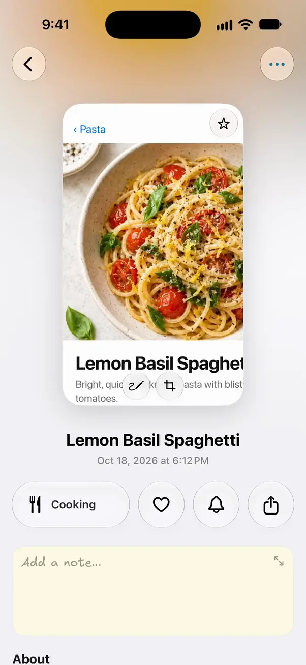 Opening a Lemon Basil Spaghetti screenshot in Sieva: the ingredients and prep time pulled out under the picture.