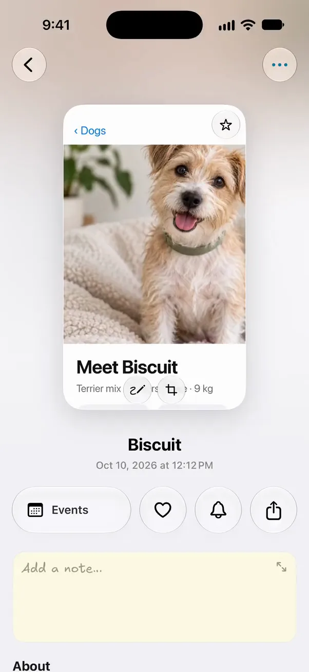 Favoriting a dog adoption screenshot, adding a note, and choosing an image card style to share it.
